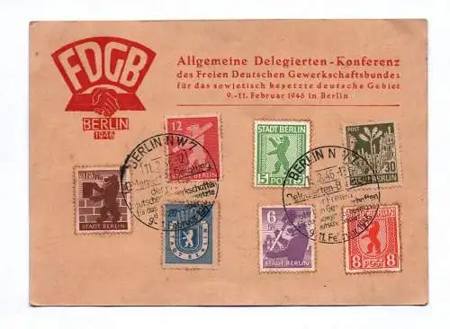 Postkarte FDGB Berlin 1946 Allgemeine Delegierten Konferenz Mischfrankatur