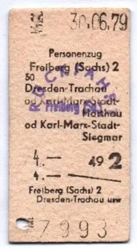 Fahrschein 1979 Freiberg Sachsen Dresden Trachau Karl Marx Stadt alte Fahrkarte