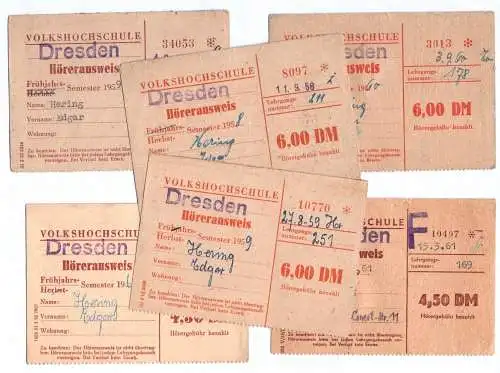 Hörerausweis Volkshochschule Dresden 1958 bis 1961 DDR Ausweis