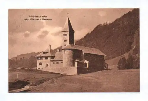 Ak Herz Jesu Kirche nebst Pfarrhaus Samaden Schweiz