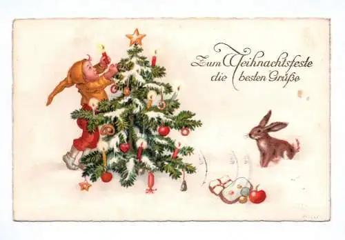 Ak Zum Weihnachtsfeste die besten Grüße 1936 Zwerg mit Hase und Weihnachtsbaum