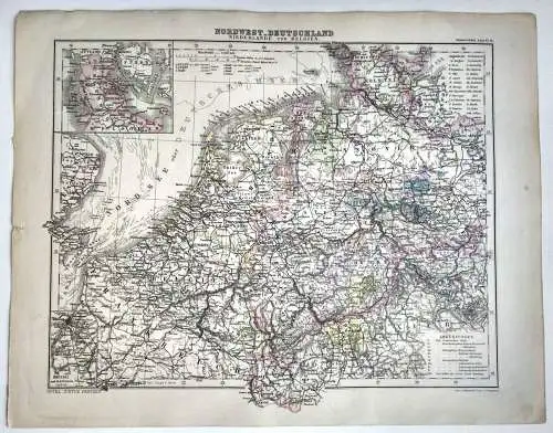 Litho Landkarte Nordwest Deutschland Niederlande Belgien um 1865 Gotha Justus P.