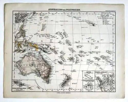 Gotha Justus Perthes Australien Polynesien Litho Landkarte um 1865 koloriert