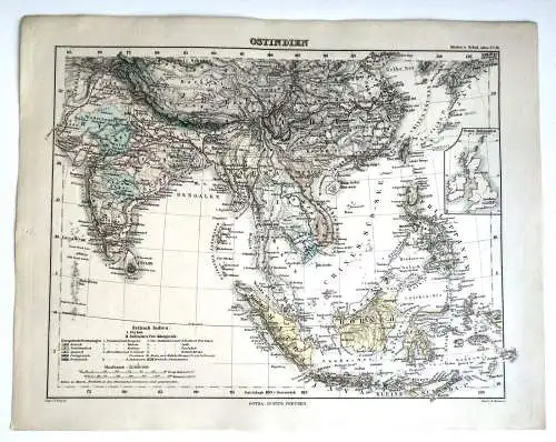 Litho Landkarte Ostindien koloriert um 1865 Gotha Justus Perthes