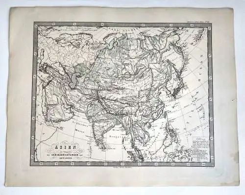 Litho Landkarte Asien Gebirgsrichtungen koloriert um 1965 Gotha Justus Perthes