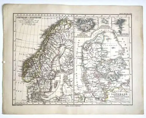 Landkarte Litho Gotha Justus Perthes Schweden Norwegen Dänemark koloriert