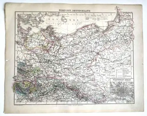 Litho Landkarte Nord Ost Deutschland koloriert Gotha Justus Perthes um 1865