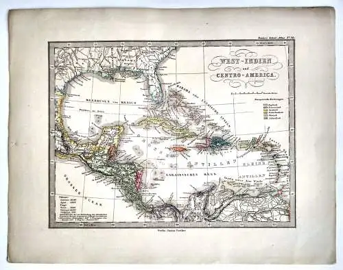 Litho Landkarte um 1865 West-Indien u. Centro-America koloriert Justus Perthes