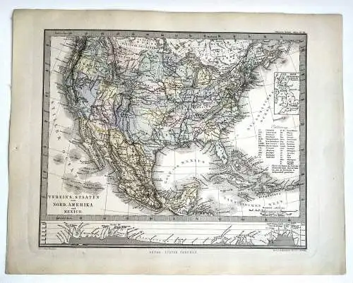 Litho Landkarte Staaten von Nord-Amerika u. Mexico um 1865 Gotha Justus Perthes