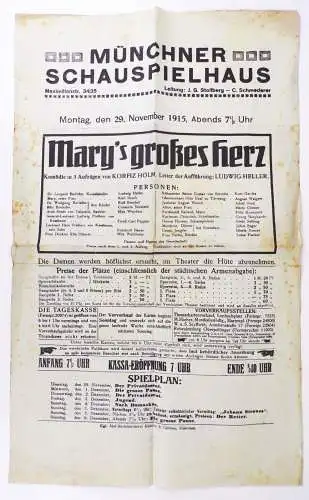 Münchner Schauspielhaus Aushang Mary s großes Herz Romanze 1915