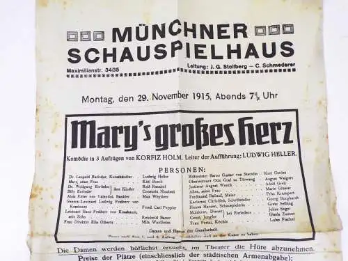 Münchner Schauspielhaus Aushang Mary s großes Herz Romanze 1915