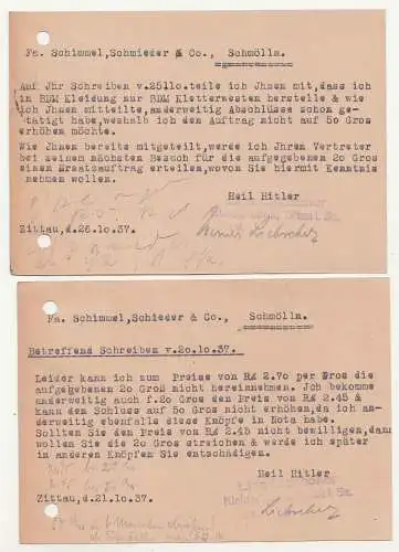 2 x Werbe Postkarte Lina Liebscher Zittau Herrenkleiderfabrik 1937 (A2882