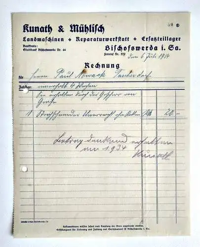 Kunath & Mühlich Landmaschinen Reparatur Werkstatt Bischofswerda 1934 Rechnung