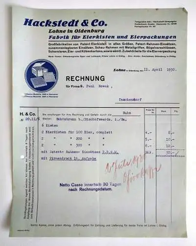Rechnung Hackstedt & Co. Fabrik für Eierkisten Lohne in Oldenburg 1930