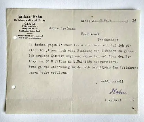 Justizrat Hahn Rechtsanwalt und Notar Glatz Dokument Stundung 1926