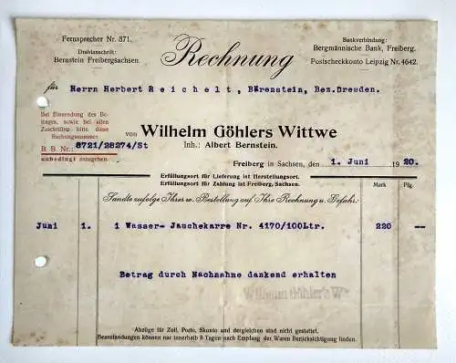 Alte Rechnung 1920 Wilhelm Göhlers Wittwe Freiberg