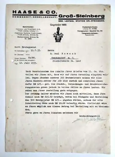 Haase & Co. Groß Steinberg Brutapparat Landwirtschaft 1933 Dokument