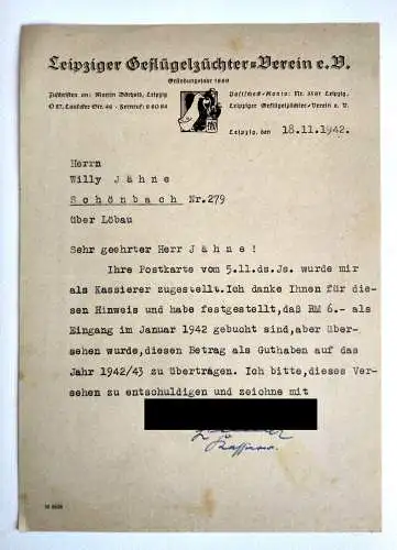 Leipziger Geflügelzüchter Verein 1942 Löbau altes Dokument