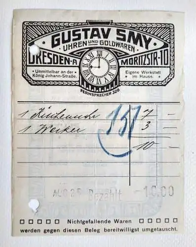 Alte Rechnung Quittung Gustav Smy Uhren Goldwaren Dresden