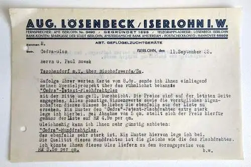 Lösenbeck Iserlohn Geflügelzuchtgeräte Dokument Schreiben 1933
