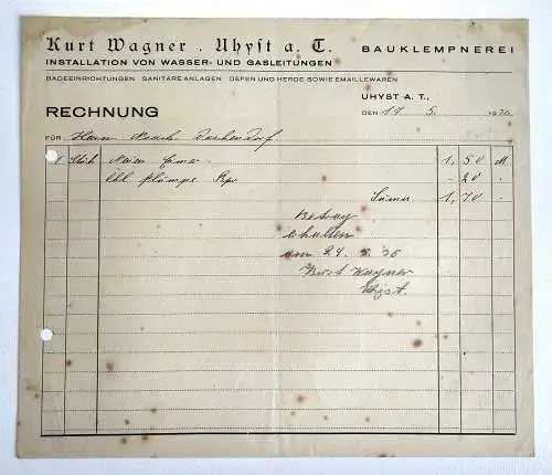 Rechnung Kurt Wagner Uhyst Bauklempnerei 1936
