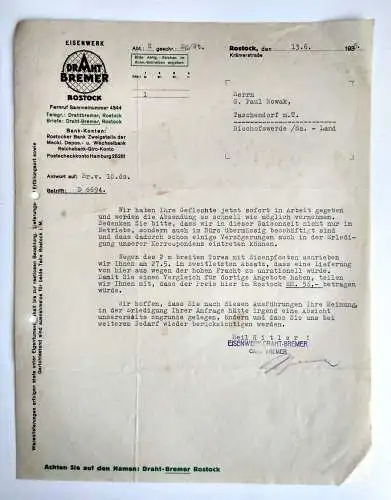 Eisenwerk Draht Bremer Rostock altes Schreiben 1935 Dokument