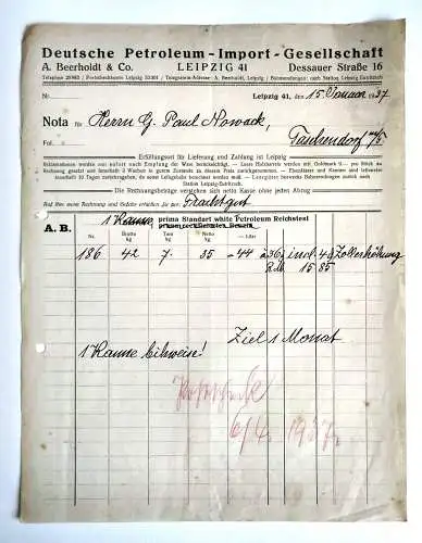 Alte Rechnung Deutscher Petroleum Import Leipzig 1937