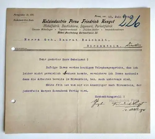 Holzindustrie Pirna Friedrich Hengst Möbelfabrik altes Dokument 1906