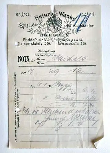 Rechnung Heinrich Wanke Hoffischhändler Dresden 1907