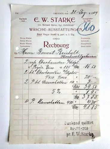 E.W. Starke Wäscheausstattungen Dresden alte Rechnung 1909