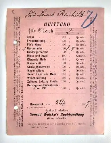 Alte Quittung 1907 Gartenlaube Quartal Zahlungsbeleg