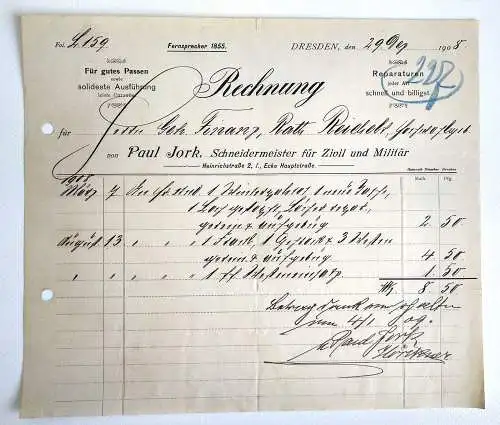 Alte Rechnung Reparaturen jeder Art Dresden 1908
