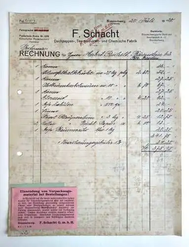 F. Schacht Dachpappen Teer Chemische Fabrik Braunschweig alte Rechnung 1920
