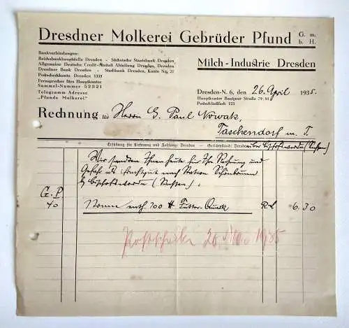 Rechnung 1935 Dresdner Molkerei Gebrüder Pfund Milch Industrie