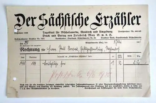 Alte Rechnung 1935 Der sächsische Erzähler Tageblatt Bischofswerda Neukirch