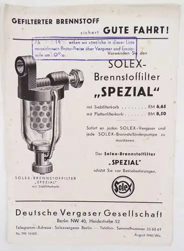 Reklame Blatt Solex Brennstofffilter Spezial Berlin 1940