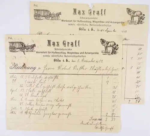 2 Rechnung Göda bei Bautzen Max Graff Schmiedemeister Hufbeschlag Wagenbau 1914