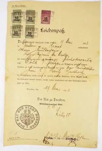 Leichenpaß 1923 Dresden Dokument Stempelmarken