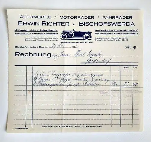 Alte Rechnung Bischofswerda 1925 Erwin Richter Automobile Motorräder Fahrräder