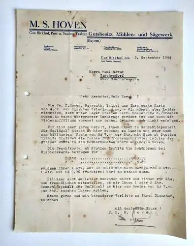 Altes Dokument M.S. Hofen Mühlen und Sägewerk Bayern Gut Birkhof 1934