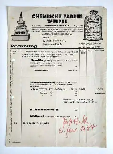 Chemische Fabrik Wülfel Hannover alte Rechnung 1933