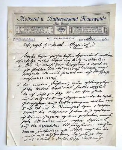 Altes Dokument 1933 Molkerei Butterversand Hauswalde