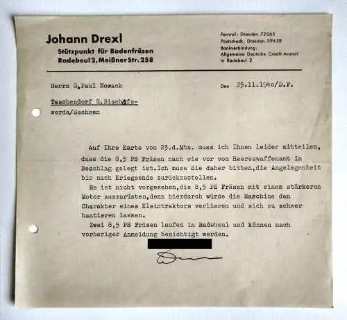Johann Drexl Stützpunkt für Bodenfräsen Radebeul Dokument 1940