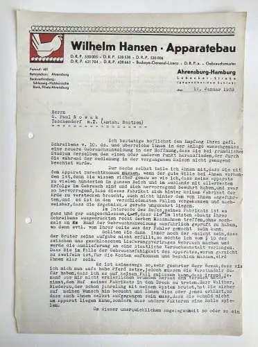 Dokument Wilhelm Hansen Apparatebau 1939 Schreiben