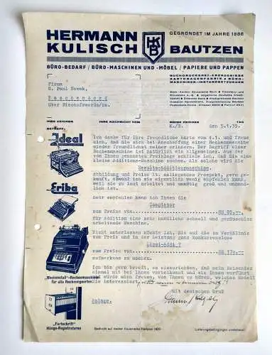 Dokument Hermann Kulisch Bautzen Bürobedarf Schreibmaschinen 1939 Schreiben