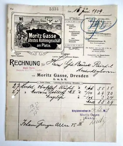 Rechnung Moritz Gasse ältestes Kohlegeschäft Dresden 1909