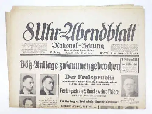 Zeitung 8 Uhr Abendblatt 1930 Nr 229 Böß Anklage Freispruch Festungsstrafe