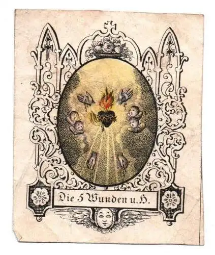 Heiligenbild Fünf Wunden Jesu um 1860 koloriert