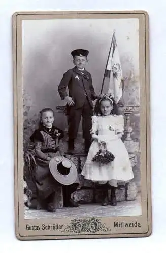 CdV Foto Kinder mit Fahne Flagge um 1900 Mittweida 
