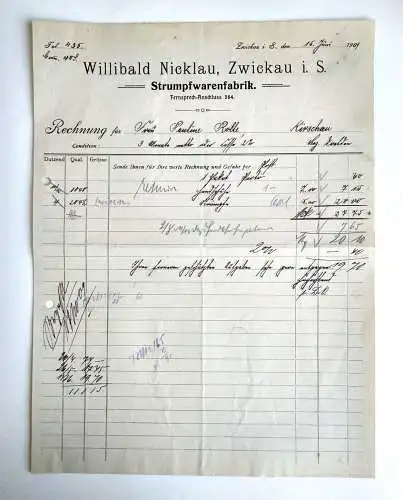 Rechnung Willibald Nicklau Zwickau Strumpfwaren Fabrik 1909